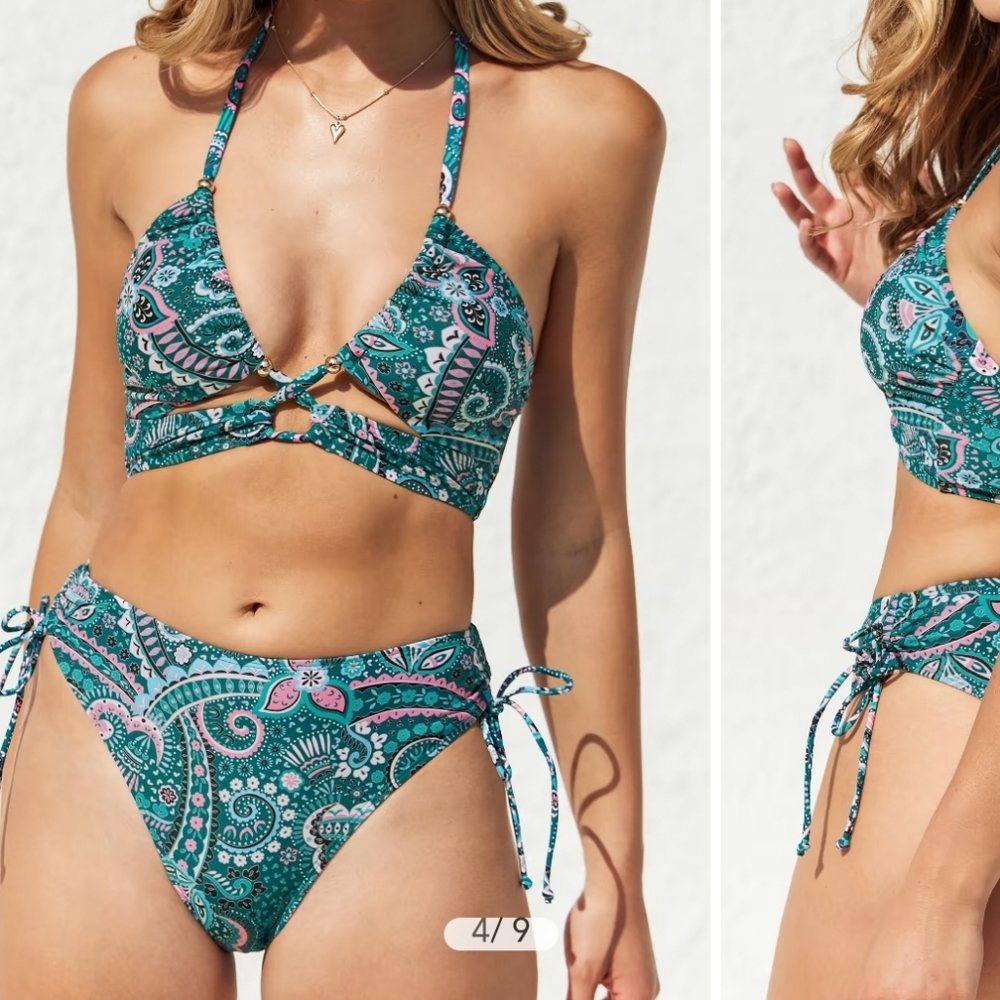 Spring Paisley Cut out halter and Ruched bikini set